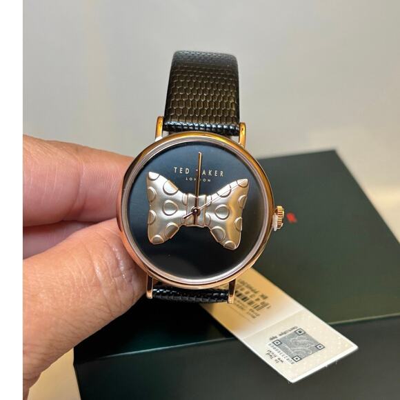 Ted Baker Phylipa Ladies Black Lizard Leather Strap Watch/Rose Gold Bow-Tie - Picture 1 of 16
